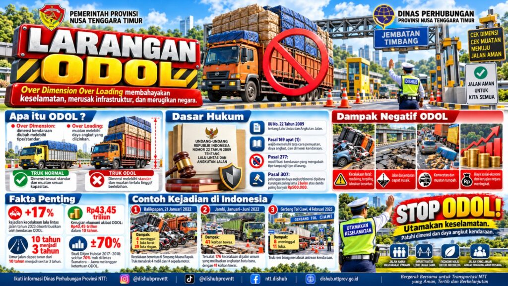 Infografis ilustratif tentang larangan ODOL dan risiko keselamatan angkutan barang.